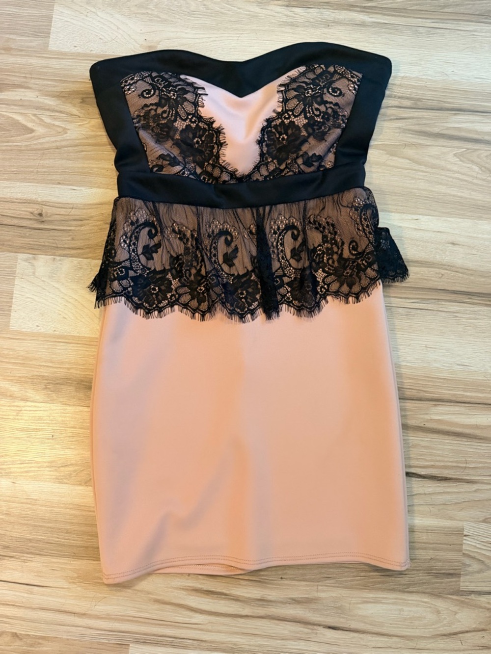 Strapless Peach Dress with Black Lace Peplum